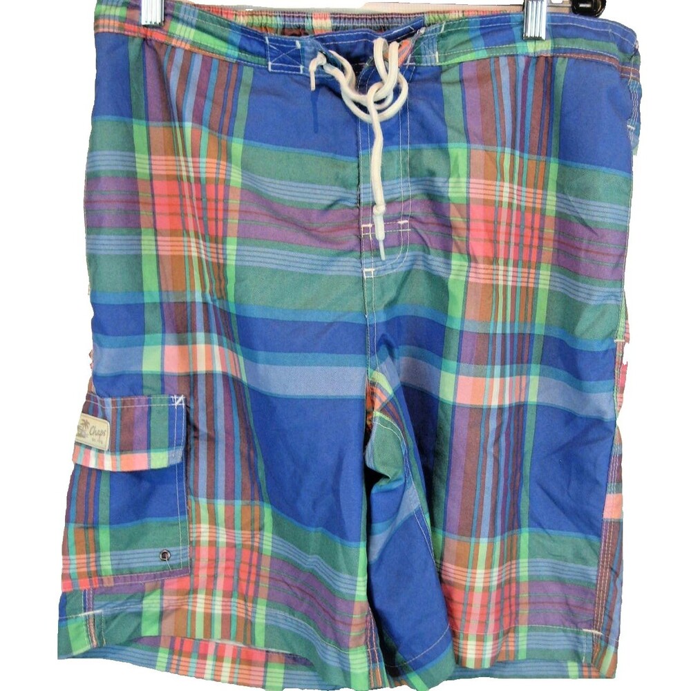 Mens Chaps Ralph Lauren Poly Blue Plaid Unlined Swim Board Shorts sz Lg x 9"